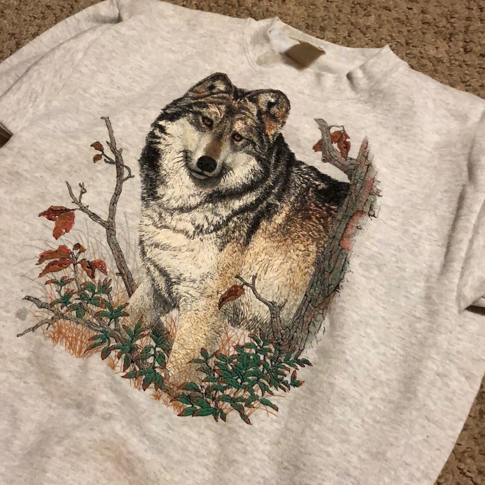 Vintage Wolf Picture Crew Neck Sweater Large